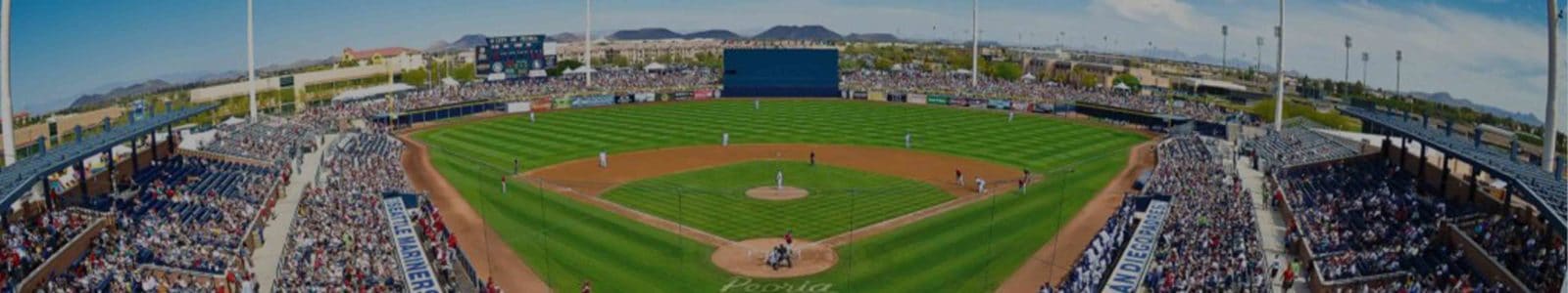 High elevation view of Peoria's baseball stadium from behind home plate