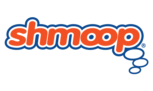 Shmoop logo: orange lettering and a blue outline in cloud shape