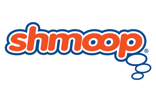 Shmoop logo: orange lettering and a blue outline in cloud shape