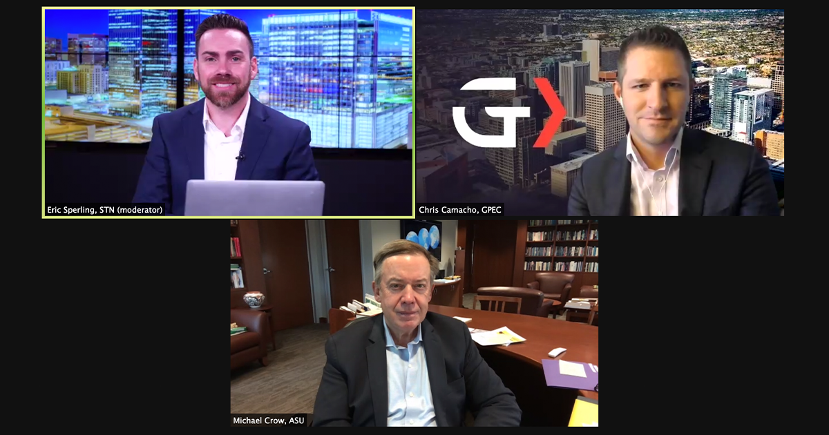 Three men on a Zoom screen speak about a Greater Phoenix investment plan.