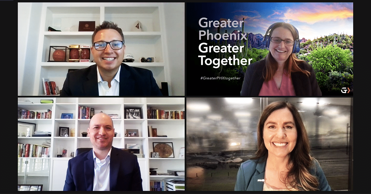 Four people on a Zoom call speak at a GPEC manufacturing information event