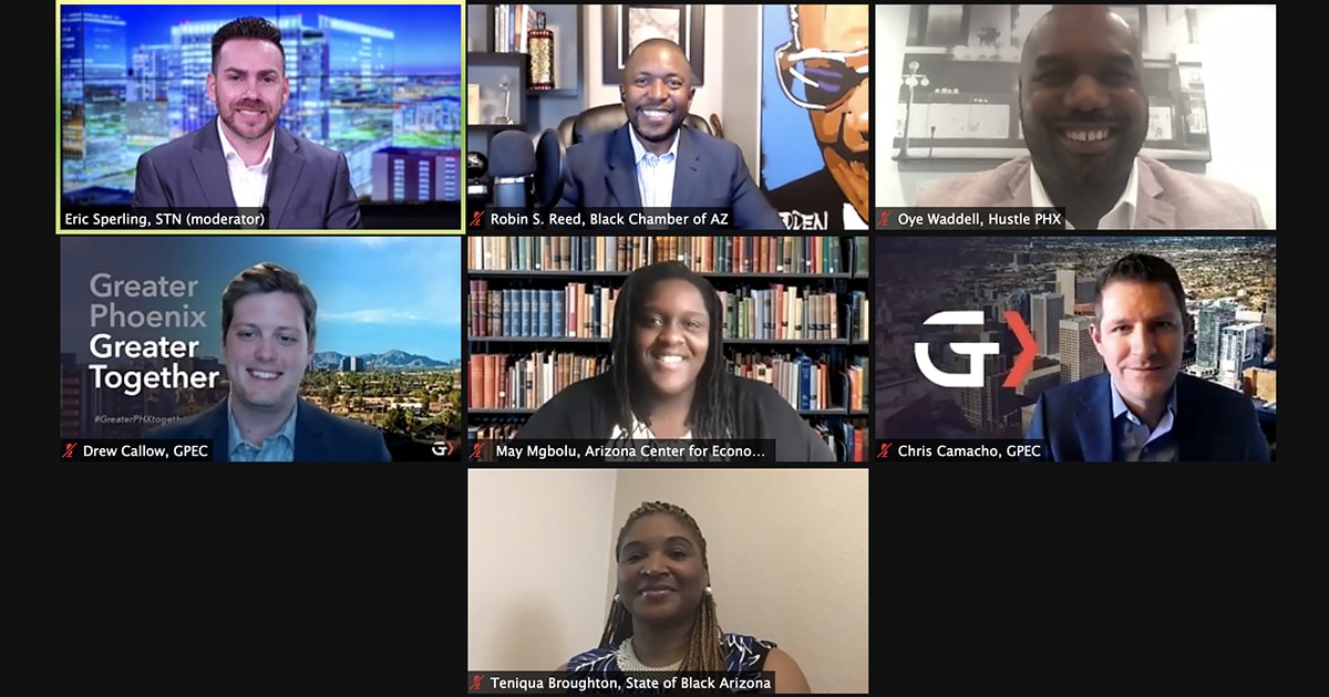 The six panelists and moderator of GPEC's State of Black Business regional report pose for a screenshot.