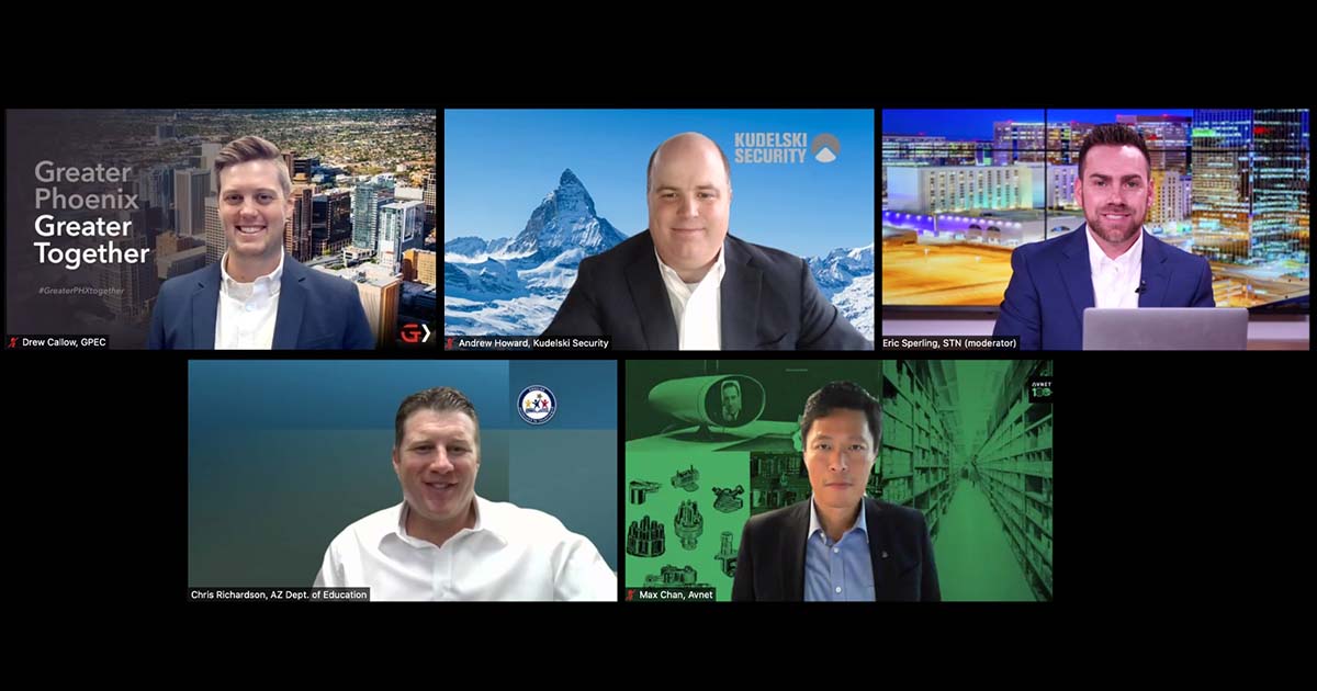 Five men speak about cybersecurity during a Zoom call.