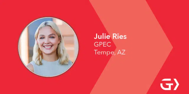 Red graphic with headshot and white text