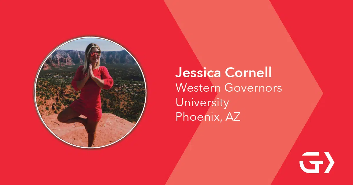 Red graphic with headshot and white text