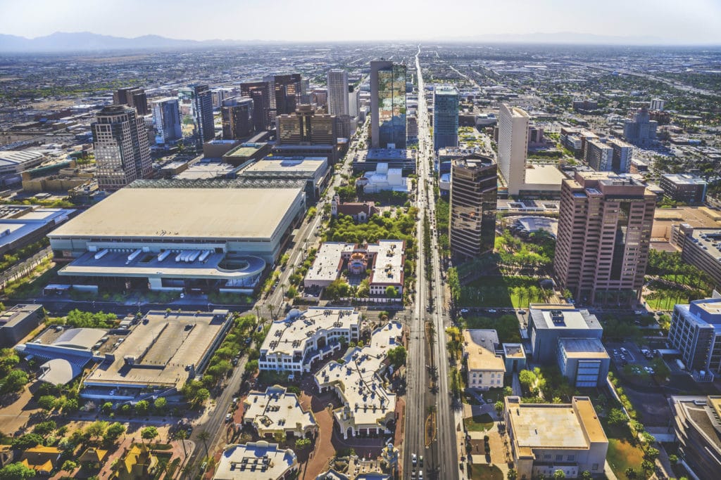 Greater Phoenix aerial view of downtown skyline and beyond