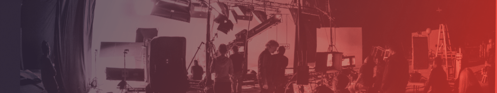Image of film production crew of about ten people at work with gradient purple to red color overlay