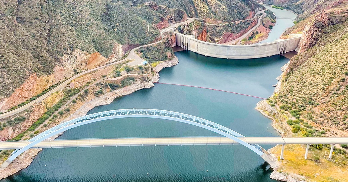 A dam and bridge sit over a watershed in Arizona.