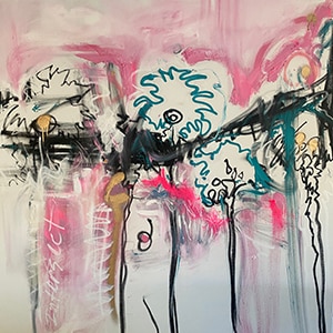 Pink, black, white and blue abstract painting by Scottsdale Artist Cyn Silva.