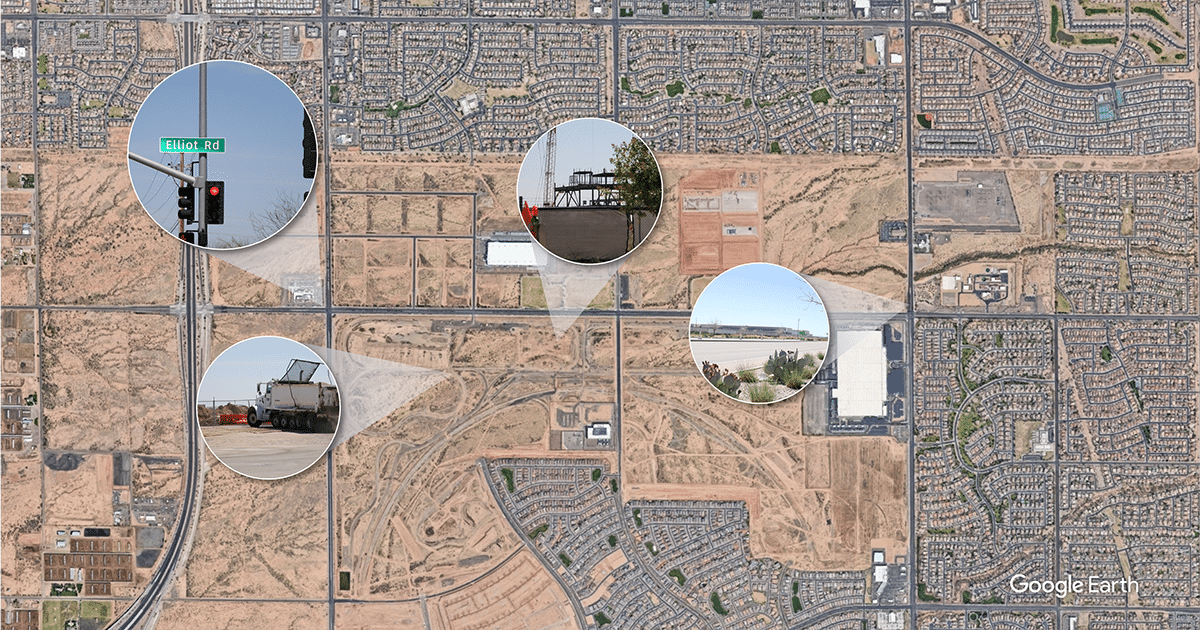 An aerial image map of the Elliot Road Tech Corridor in Mesa, Arizona, with four pictures of the area overlaid on top.