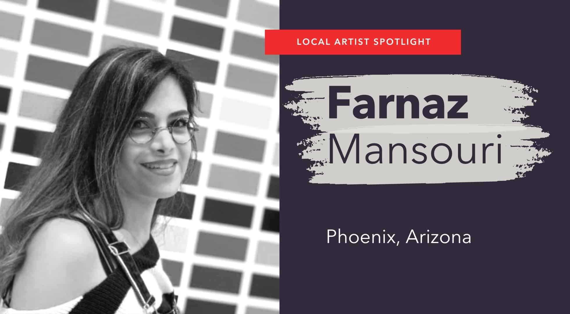 Graphic with a black and white picture of Farnaz Mansouri and her name
