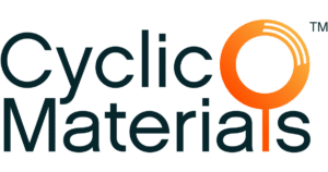 The Cyclic Materials logo shows black text with a large orange circle on the top left converging into the lower-case L in materials.