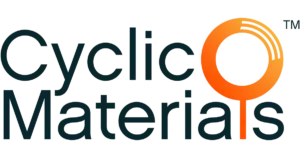The Cyclic Materials logo shows black text with a large orange circle on the top left converging into the lower-case L in materials.