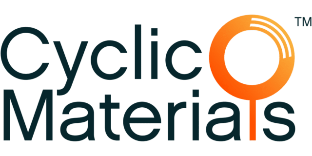 The Cyclic Materials logo shows black text with a large orange circle on the top left converging into the lower-case L in materials.