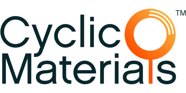 The Cyclic Materials logo shows black text with a large orange circle on the top left converging into the lower-case L in materials.
