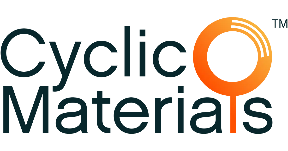 The Cyclic Materials logo shows black text with a large orange circle on the top left converging into the lower-case L in materials.