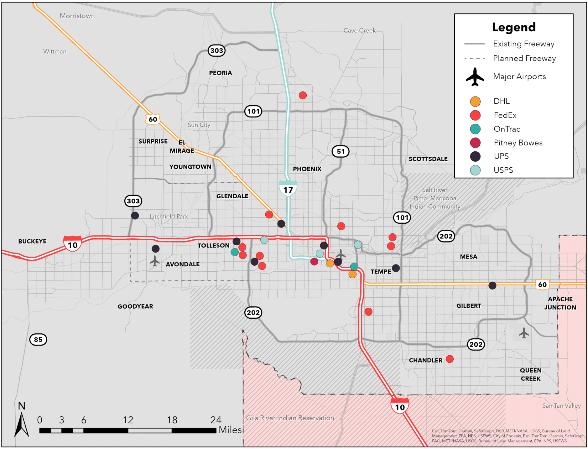 A map depicting freight and sorting locations in Greater Phoenix. The legend in the top right corner includes DHL (gold), FeDex (red), OnTrac (teal), Pitney Bowes (burgundy), UPS (black) and USPS (light blue).
