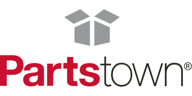 Parts Town logo. Parts in bold red font, town in thin black font, written as a single word. An silhouette of an open box is above the word.