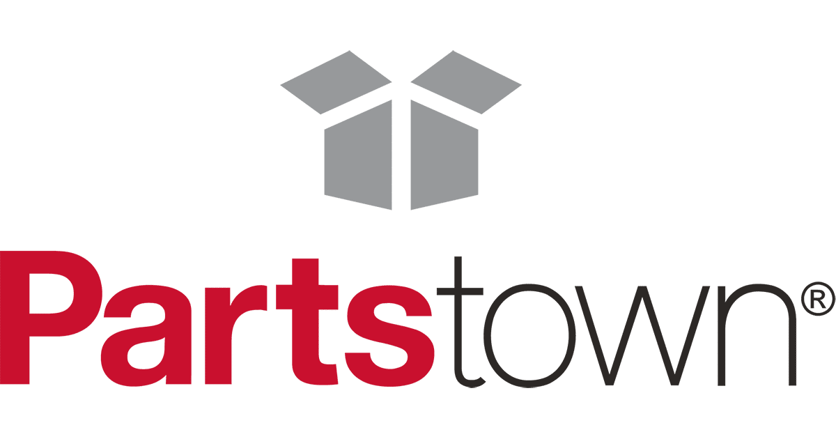 Parts Town logo. Parts in bold red font, town in thin black font, written as a single word. An silhouette of an open box is above the word.